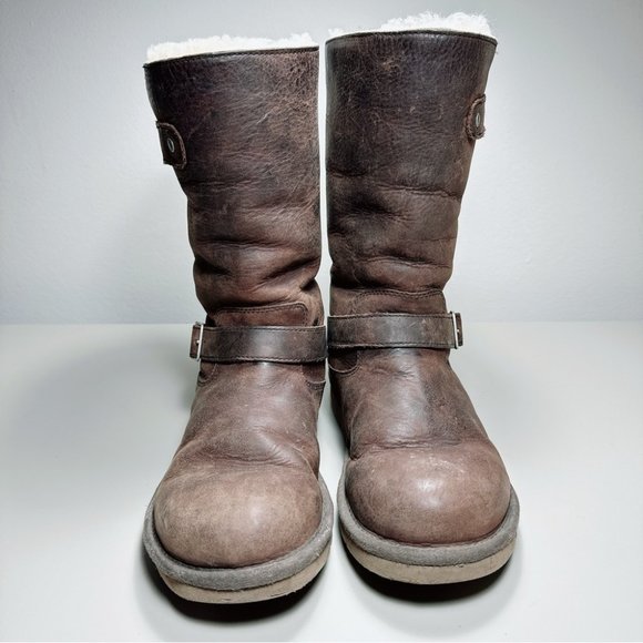 Ugg  Rare Kensington Wax Brown Sheepskin ShearlingBuckle  Boots - Picture 3 of 16